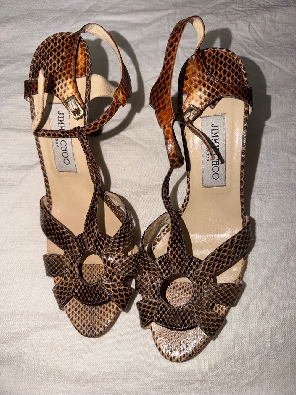 Jimmy Choo Brown Snake-Print Leather Strappy Heels